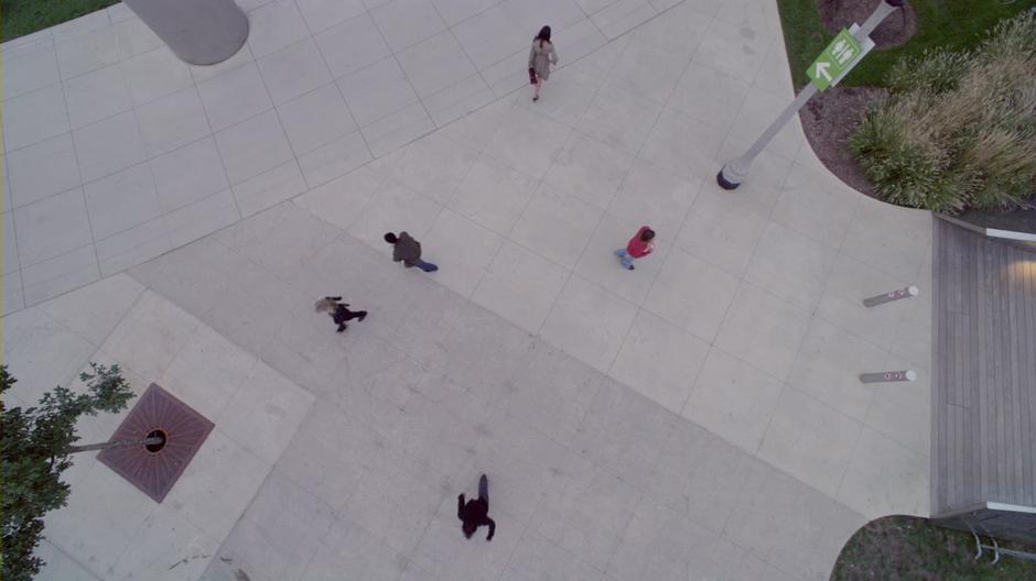 Top down view of the Leverage team going their separate ways after getting paid.