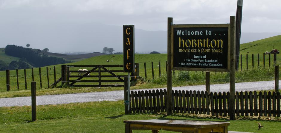Sign for Hobbiton out front of the Shire's Rest Cafe on Buckland road.