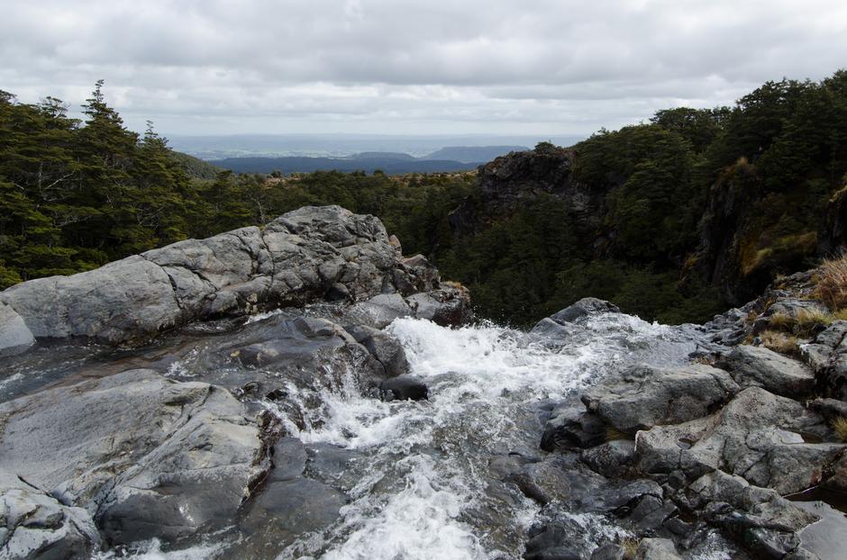 Looking down river over the falls. Ohakune is visible in the distance.