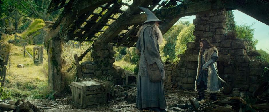 Thorin and Gandalf talk about the destroyed farmhouse.