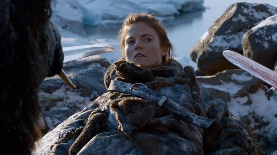 The Halfhand adds his sword to the one threatening Ygritte.