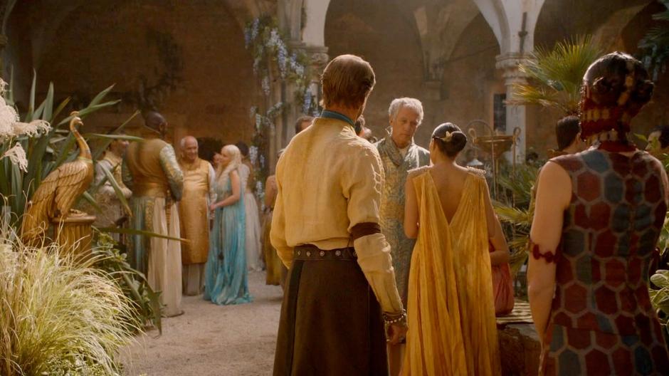 Bronn watches Daenerys talk with Xaro Xhoan Daxos.