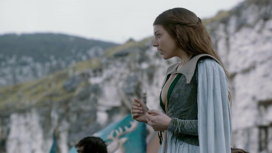 Margaery watches excitedly as Brienne defeats her opponent.