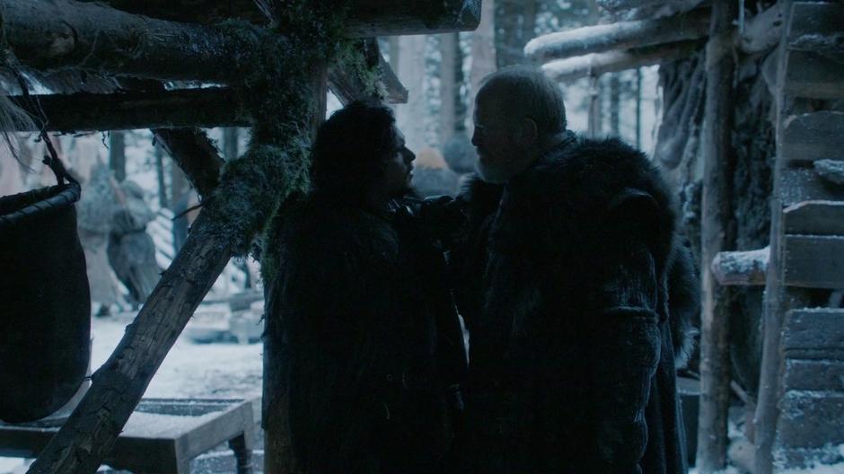 Jeor Mormont lectures Jon Snow about the rules at the keep.