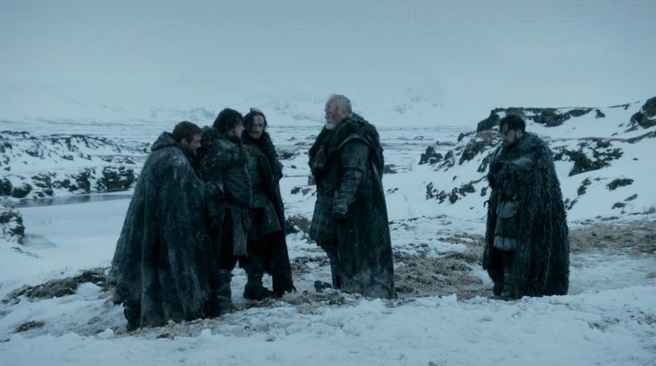 Sam's friends help him up while Jeor Mormont gives him a talking to.