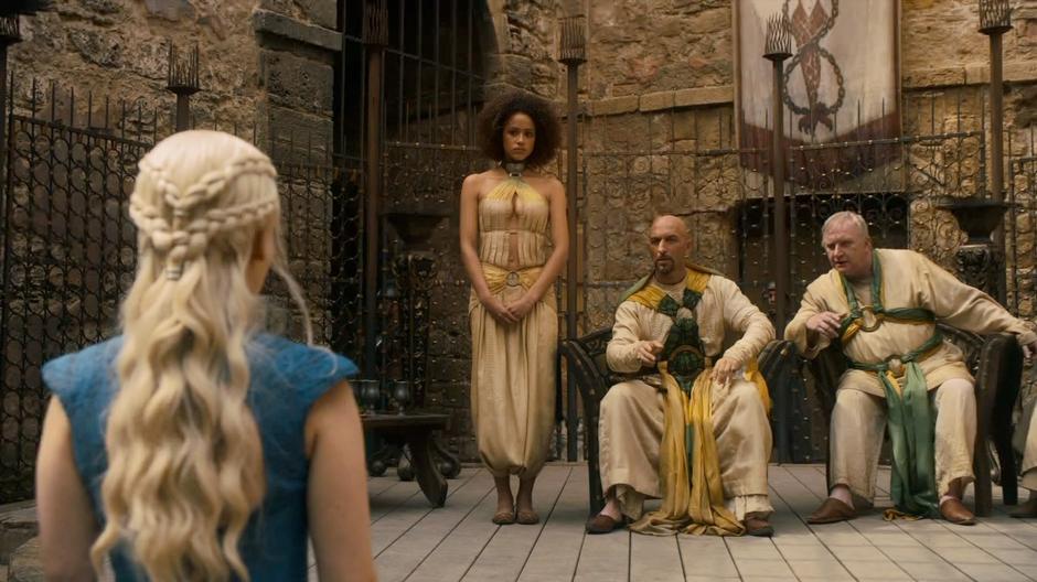 The Good Masters look very interested after Missandei tells them that Daenerys is interested in selling one of her dragons.