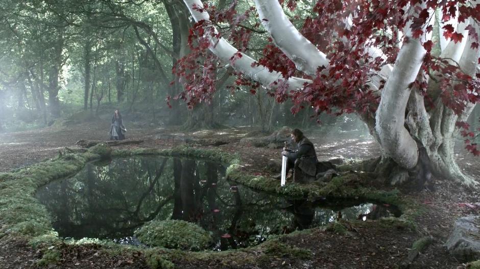 Catelyn approaches Ned who is crouching by the Weirwood tree.