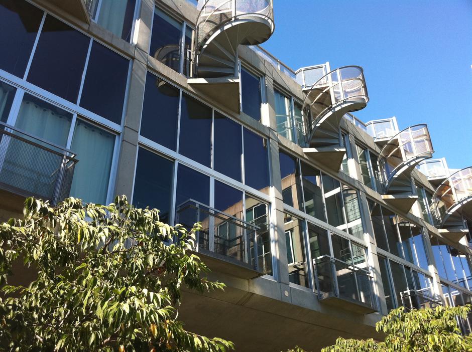 View of the Waterfall Building's recognizable spiral staircases.