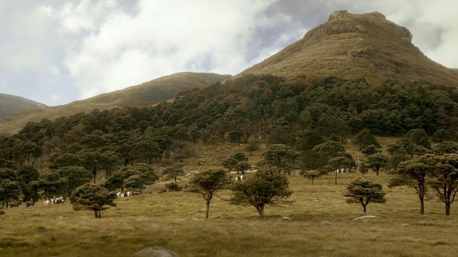 The Dothraki ride through the trees on the approach to Vaes Dothrak.