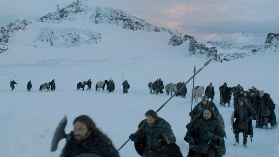 The men of the Night's Watch trek north through the snow.