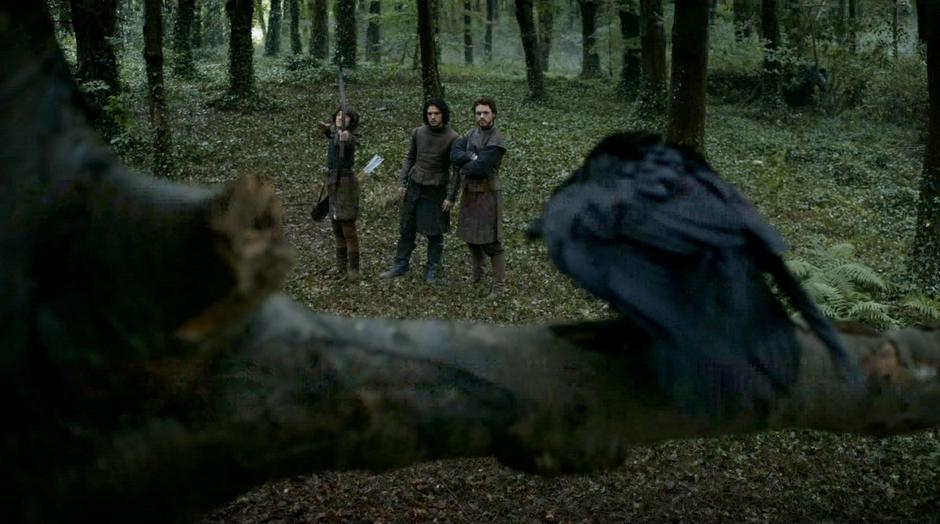 Bran prepares to fire at the raven while Robb and Jon Snow look on.