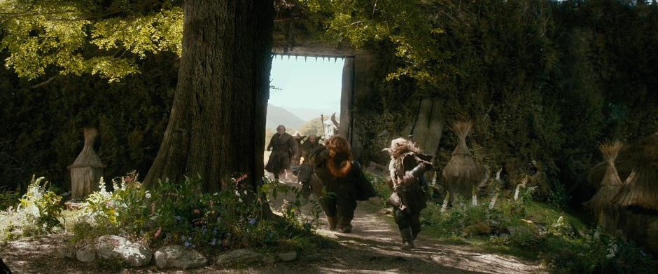 The dwarves run through a gate into Beorn's courtyard.