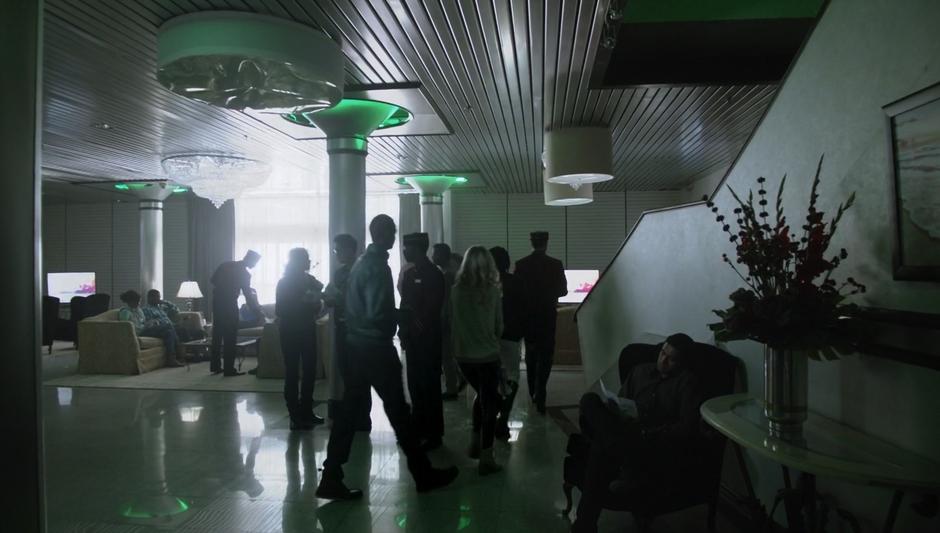 People mill around the lobby of the very nondescript-looking Underworld lobby.