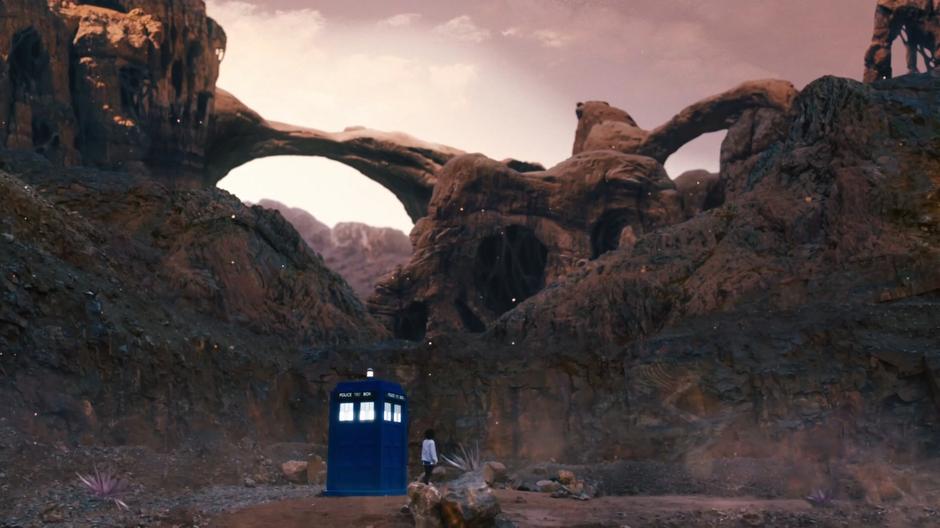 Bill exits the Tardis and looks around the strange alien landscape.