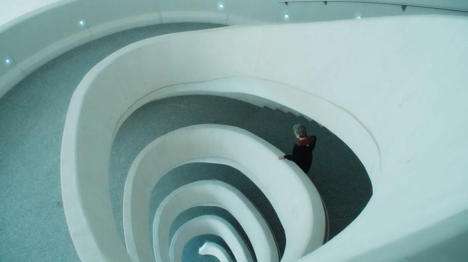 The Doctor walks down a long spiraling staircase.