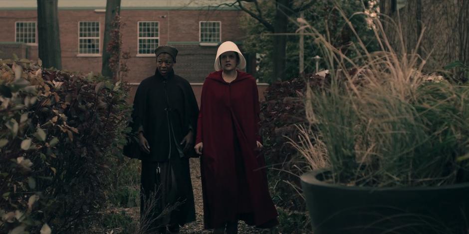 Moira and June look around and examine their surroundings for any sign of their location.