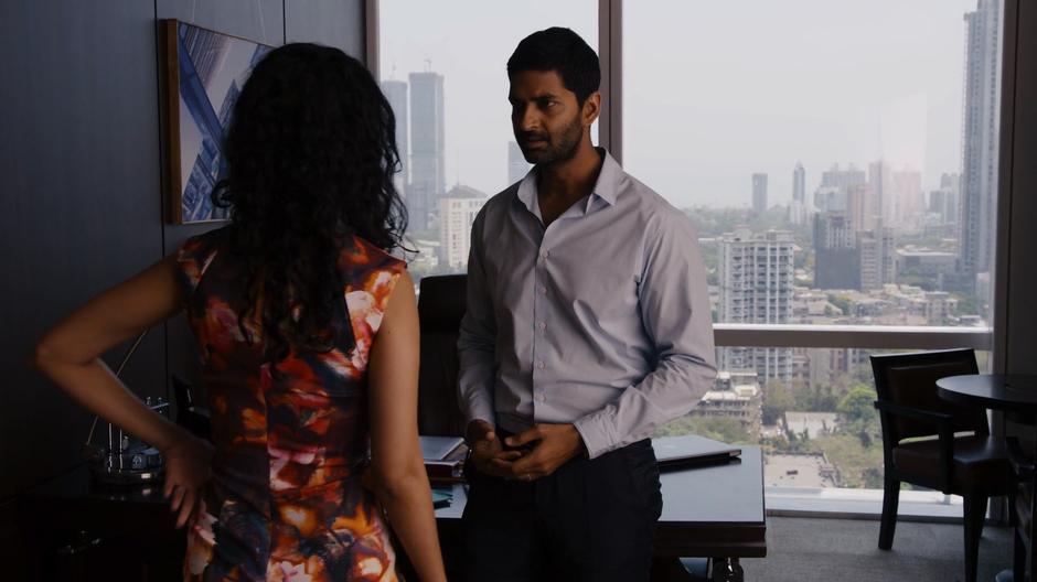 Kala backs away from Rajan after he tells her that he knew about the substandard drug shipments all along.
