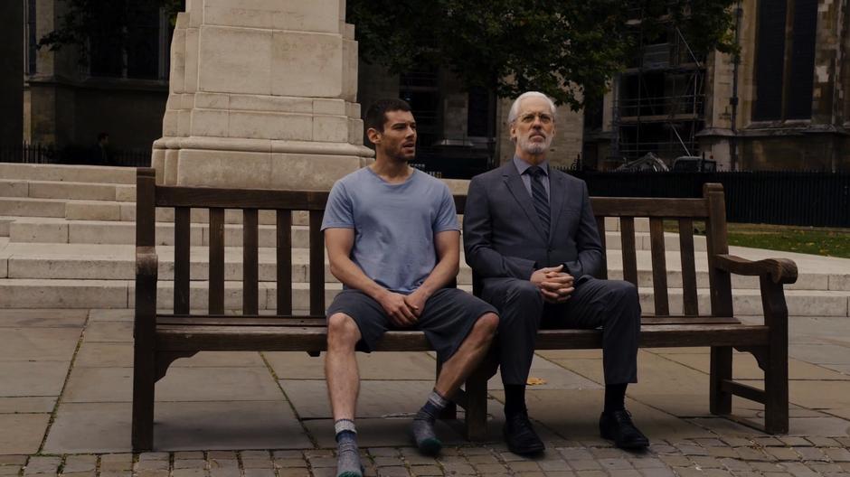 Will appears next to Whispers on a bench in front of a statue.