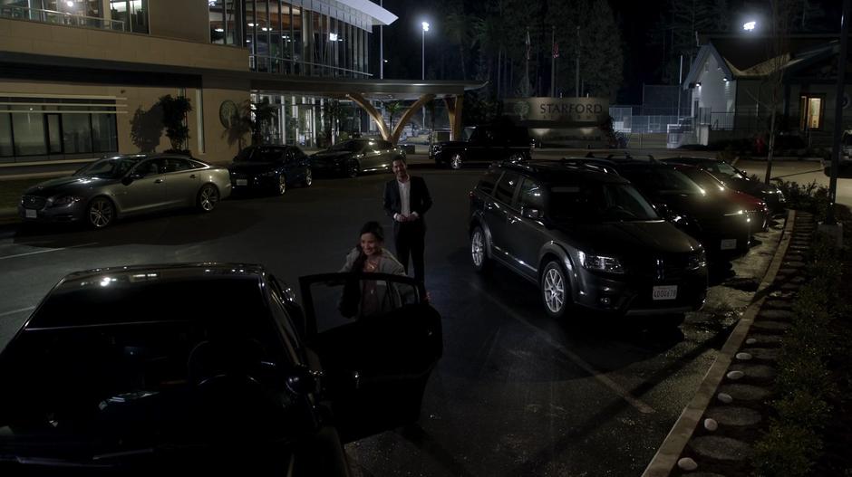 Lucifer talks to Madison in the parking lot while she searches Chloe's car which he just unlocked for her.