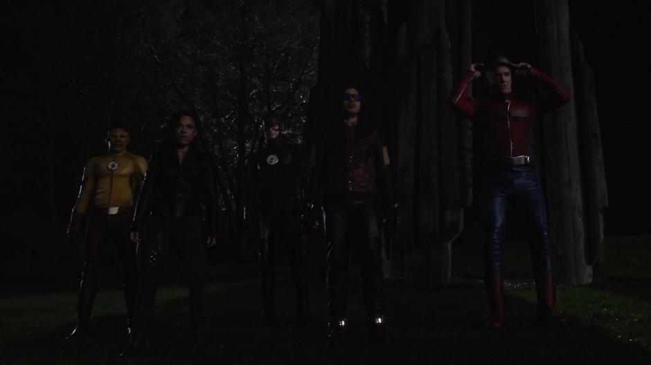 Wally, Cynthia, Barry, Cisco, and Jay line up to face off against Savitar and Killer Frost.
