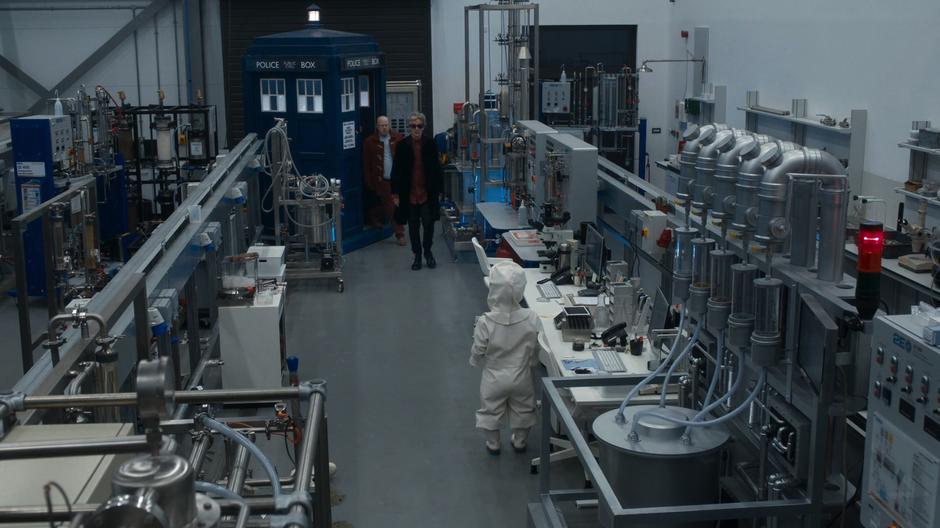 Nardole and the Doctor exit the TARDIS and walk towards Erica.