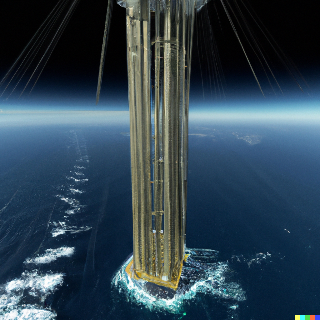 DALL-E Generated Image of the space elevator viewed from space