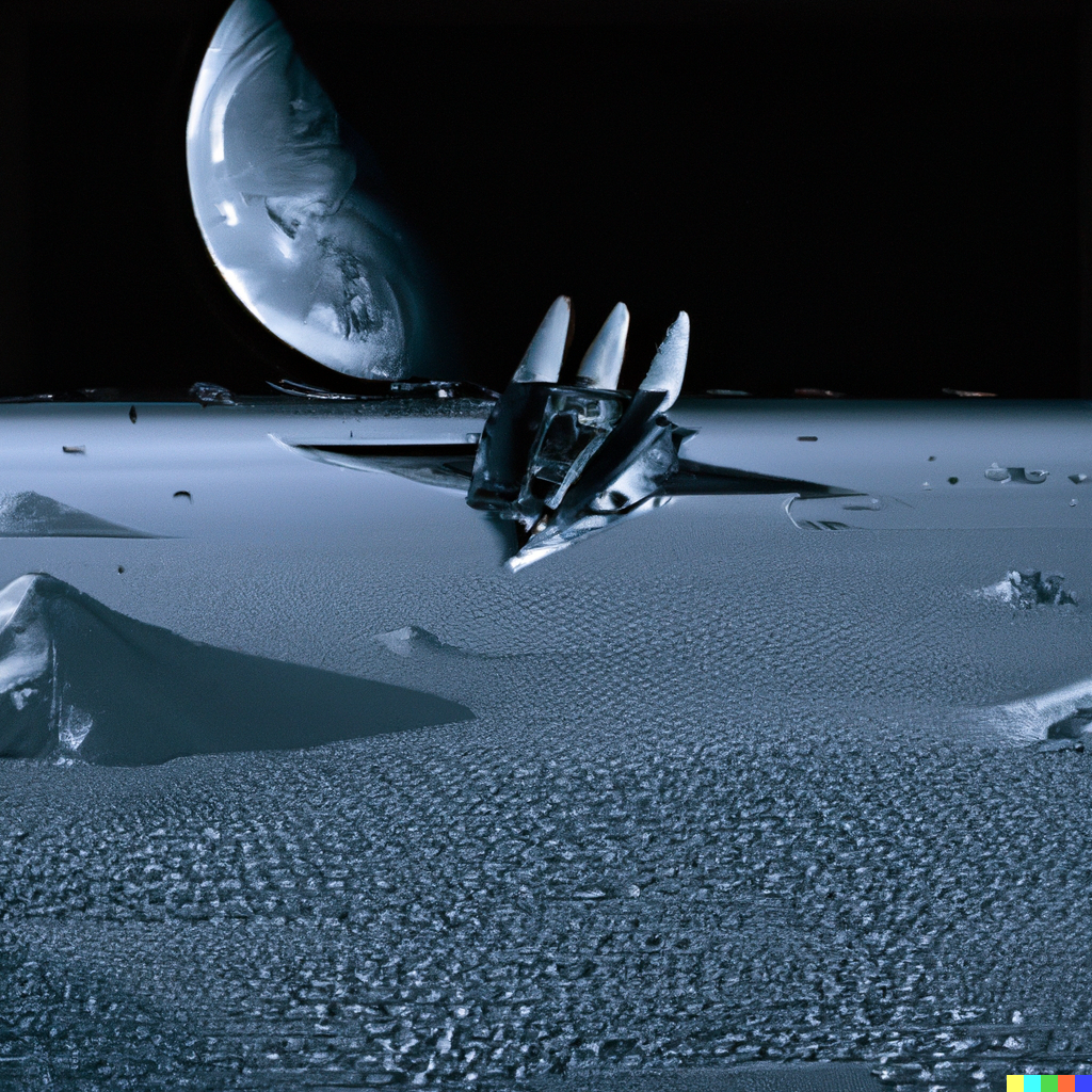 DALL-E Generated Image of a spaceship hovering above the moon, alien ships in the background