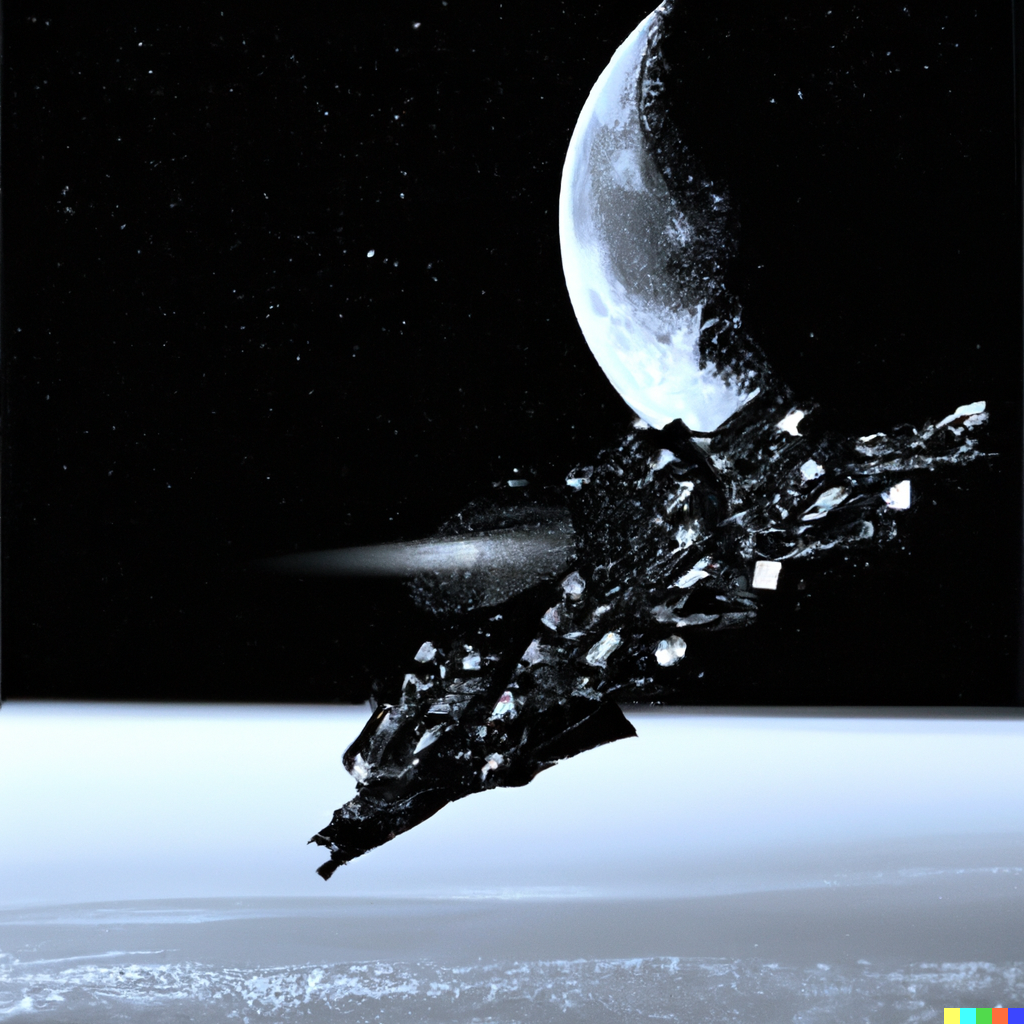 DALL-E Generated Image of an alien mothership hovering above the moon, with damage on its side
