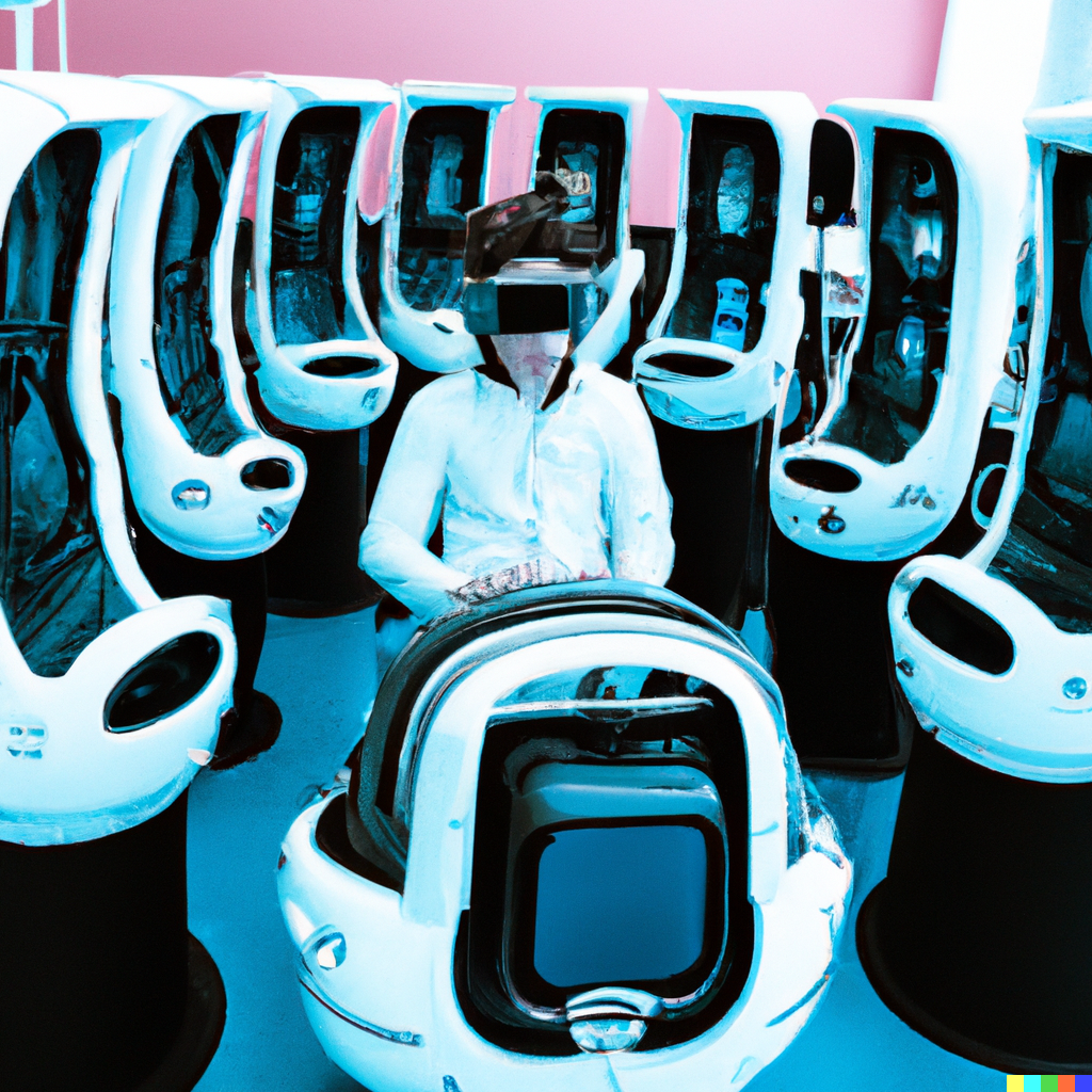 DALL-E Generated Image of Virtual Reality simulators with teenage pilots training within