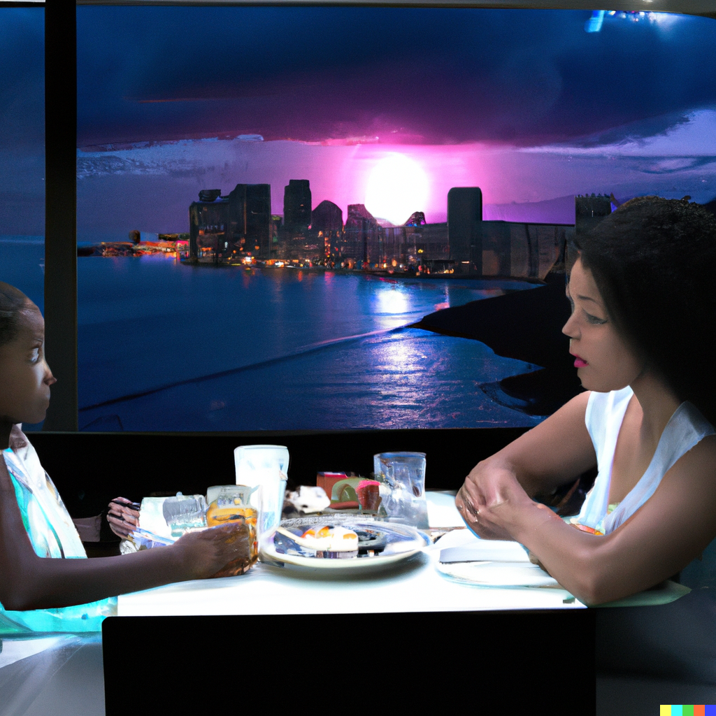 DALL-E Generated image of Aisha and her mother having dinner