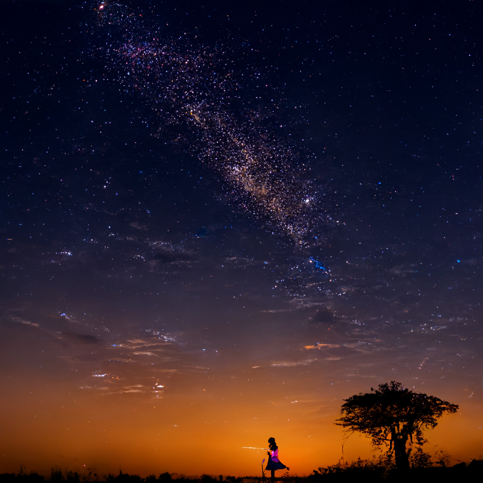 Midjourney generated image of a girl looking at the stars from the african savannah