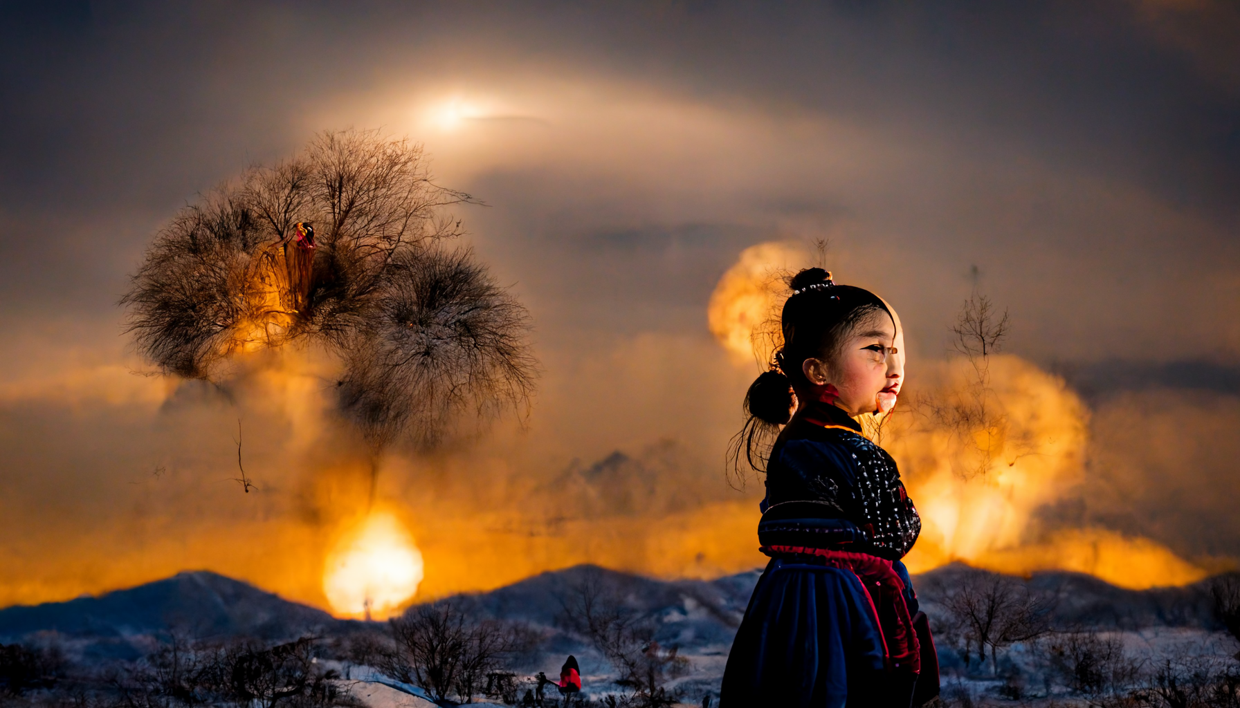 Midjourney generated image of Soo-Kyung as a little girl in North Korea as nukes fall