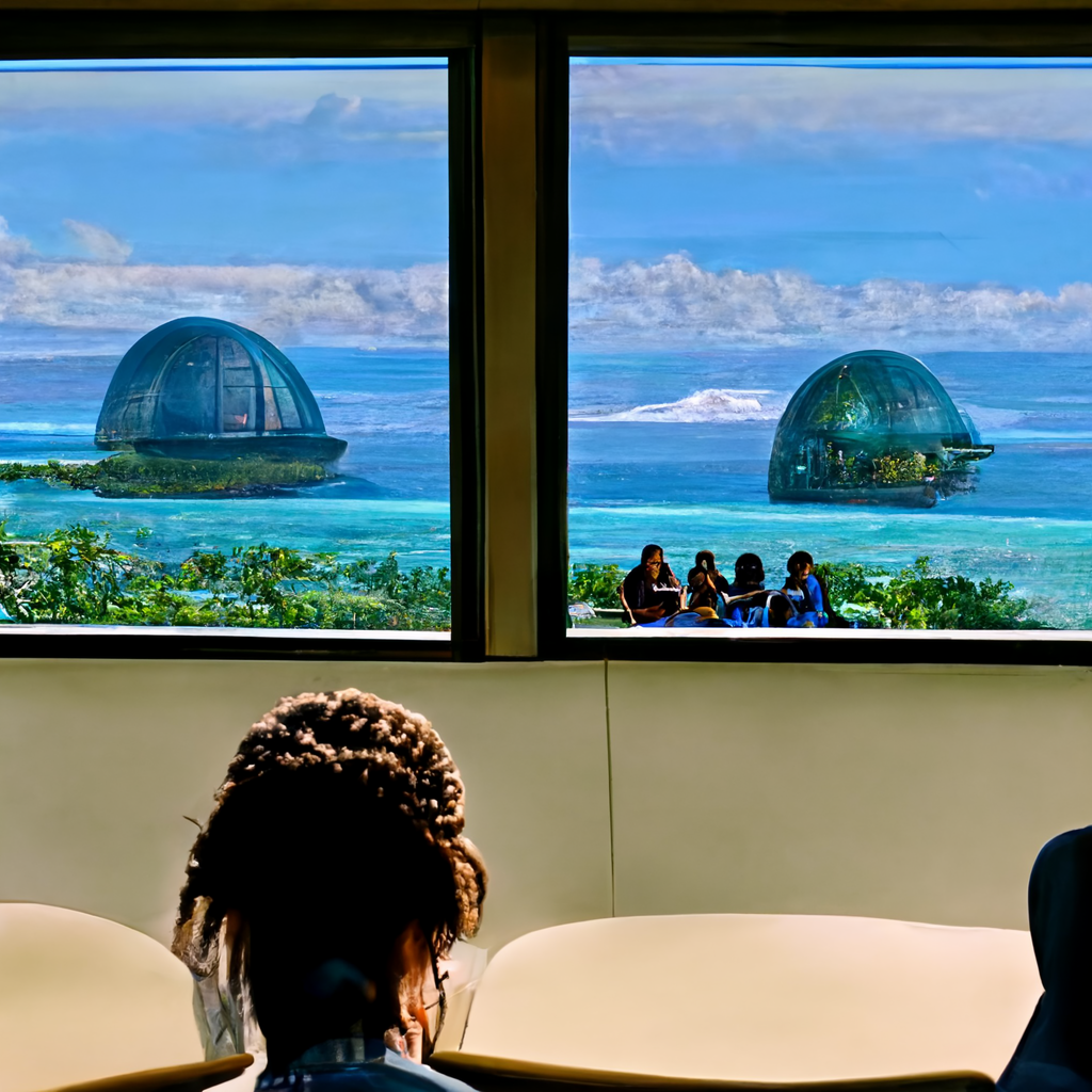 Midjourney generated image of Aisha looking out the windows of the hotel towards the spaceport