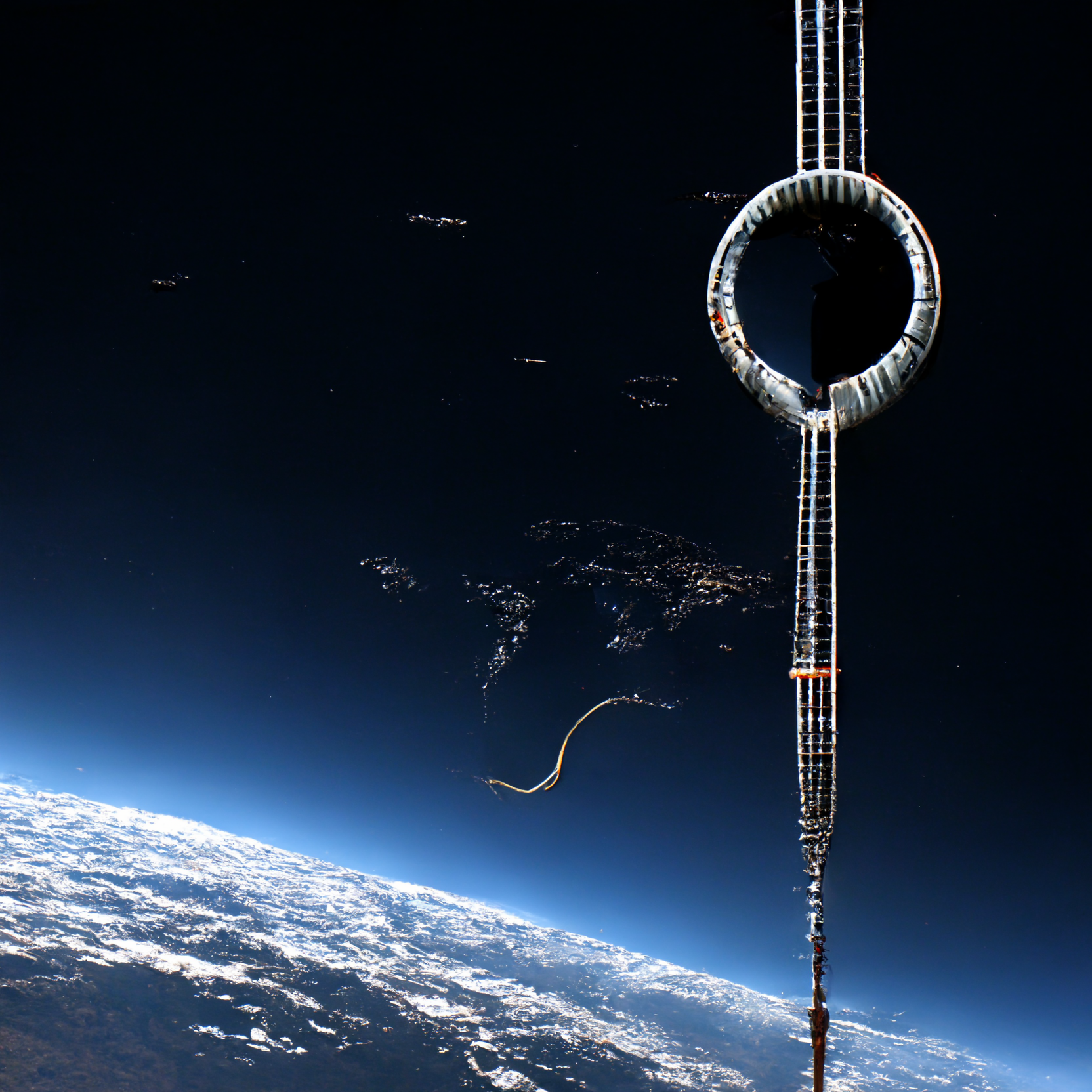 Midjourney generated image of a space elevator viewed from orbit