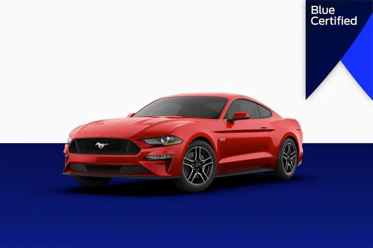 Ford Mustang alongside a Blue Certified banner