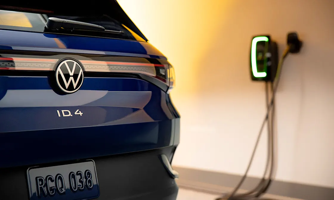 2022 Volkswagen ID.4 Closeup view of ID.4 charging in a a garage