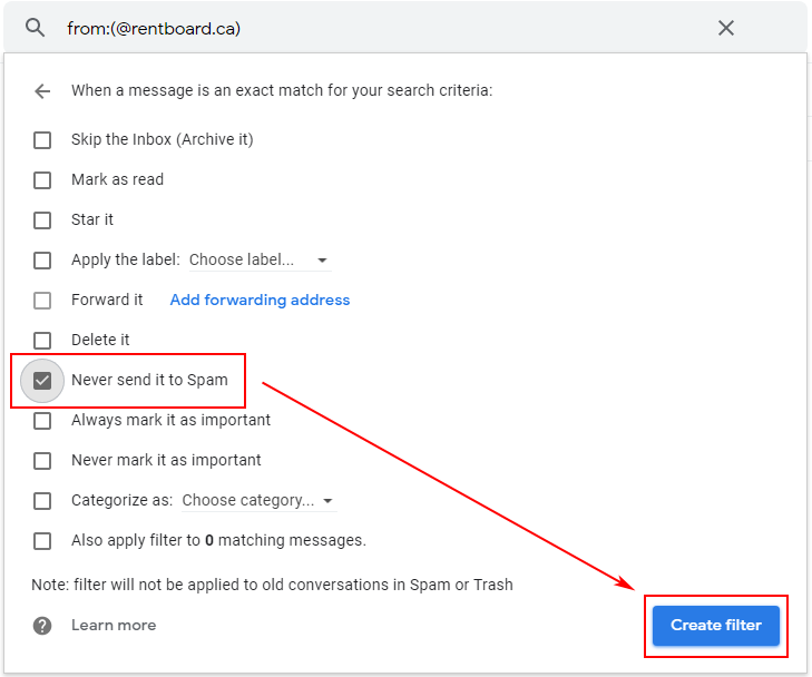 Gmail filter to never send to spam