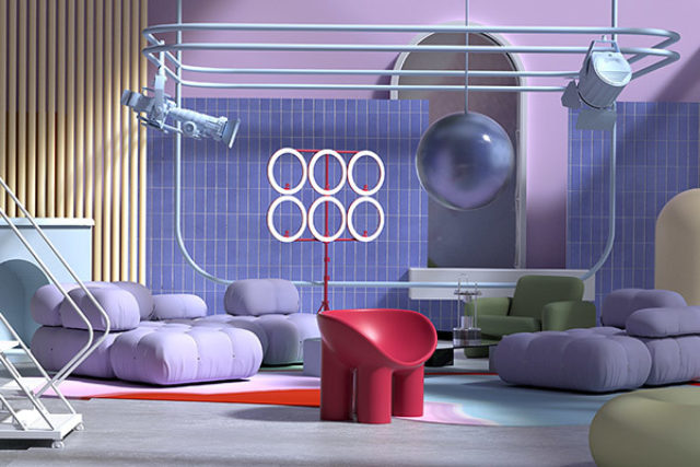 室内景观的建筑渲染:紫色的意大利低沙发，天花板上有照明