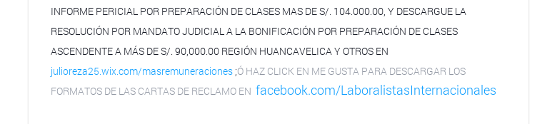 INFORME PERICIAL POR PREPARACIÓN DE CLASES MAS DE S/. 104.000.00, Y DESCARGUE LA RESOLUCIÓN POR MANDATO JUDICIAL A LA BONIFICACIÓN POR PREPARACIÓN DE CLASES ASCENDENTE A MÁS DE S/. 90,000.00 REGIÓN HUANCAVELICA Y OTROS EN julioreza25.wix.com/masremuneraciones ;Ó HAZ CLICK EN ME GUSTA PARA DESCARGAR LOS FORMATOS DE LAS CARTAS DE RECLAMO EN  facebook.com/LaboralistasInternacionales