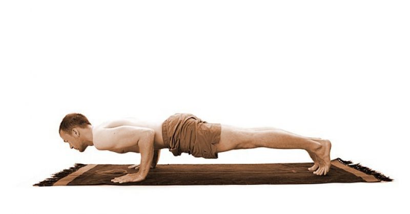 Woman doing low plank pose chaturanga dandasana ex