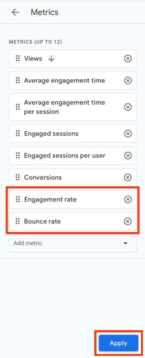 A screenshot of the Metrics menu with the two metrics highlighted