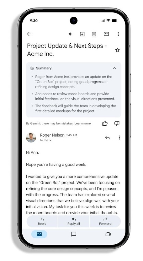 An image of the Gemini summary card feature in the Gmail mobile app, showing an email from 