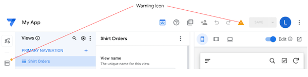 Warning icon in app editor