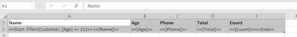Row in spreadsheet with Start expression that retrieves rows from the Customer table.