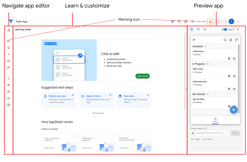 AppSheet app editor showing navigate, learn and customize, and preview app