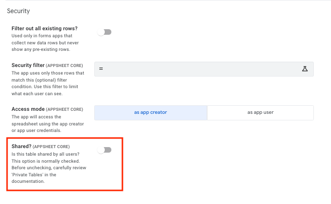 Security section of the table configuration showing the Shared? field disabled to set a private table