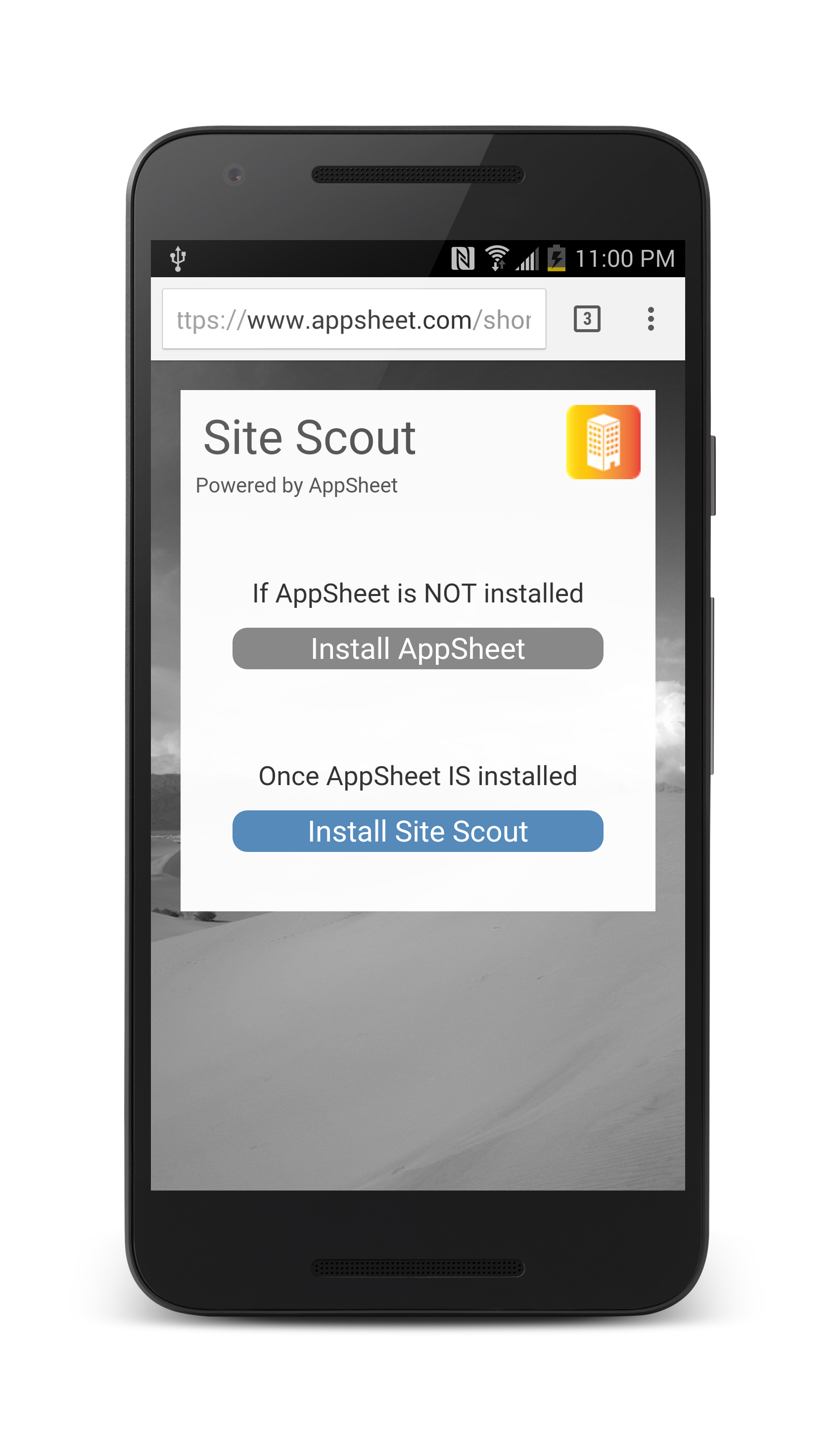 Page with option to install AppSheet or the Site Scout app