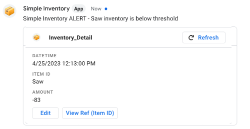 Simple inventory sample app inventory alert as a Chat message