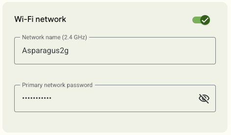 The "Wi-Fi network" section within the GFiber customer portal. There is an on/off toggle, and fields for the user to enter a network name and a primary network password.