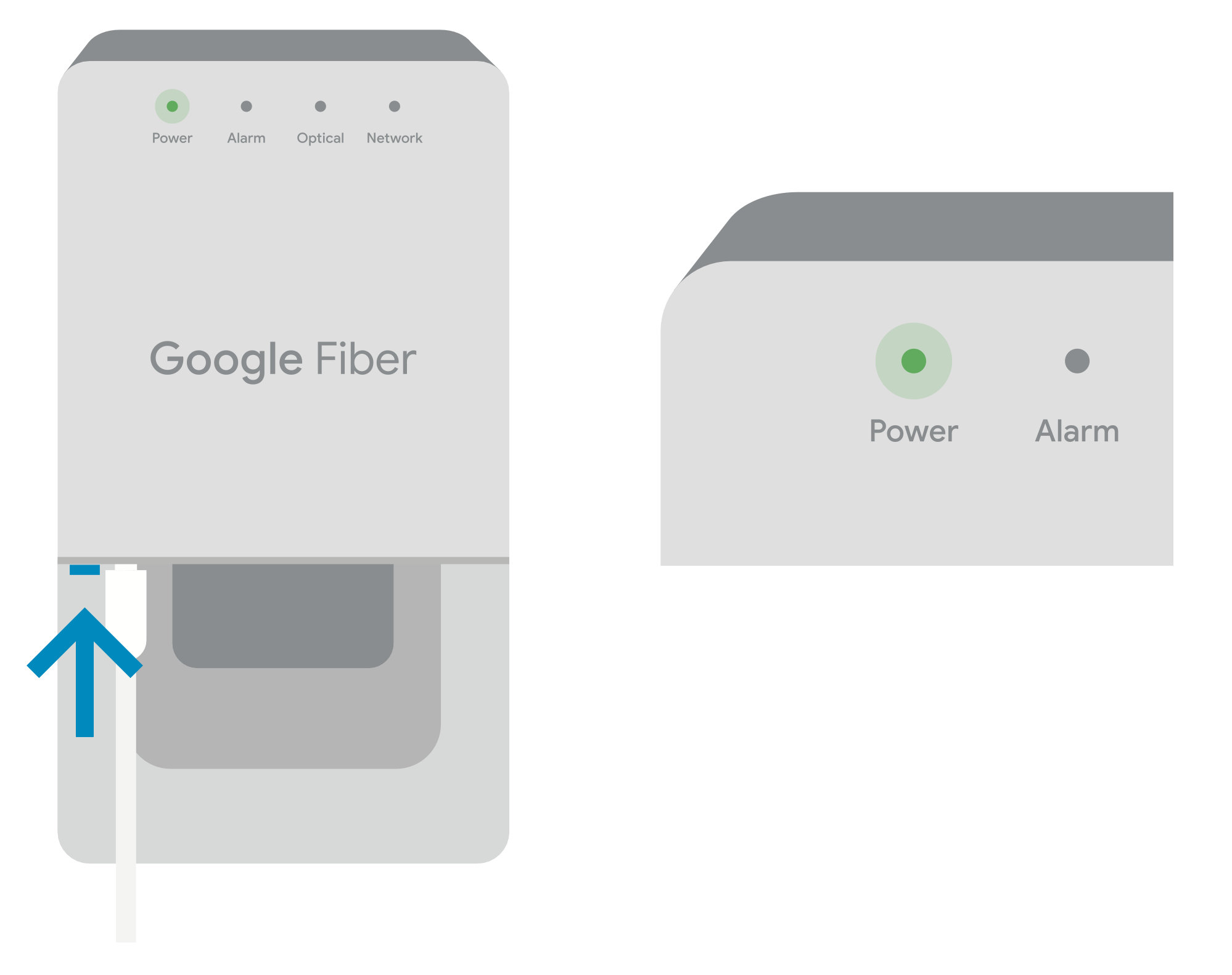 A drawing of the Fiber Jack (model GFLT131) with the front plate removed. On the right, the power adapter has been plugged in to a white power adapter, and a blue arrow points to the power button on the left side of the Fiber Jack. On the right, the Fiber Jack's Power LED is lit up green.